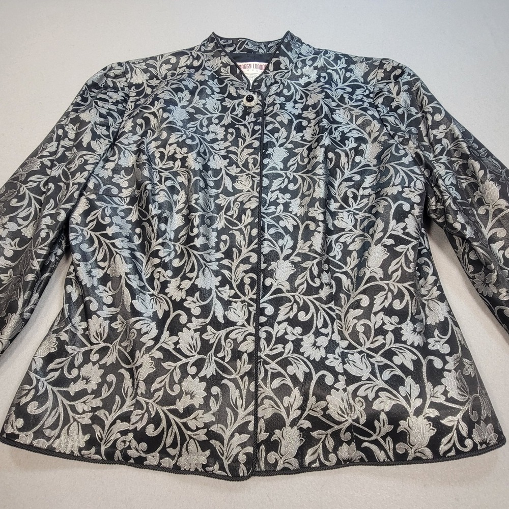 Vintage Maggy London Blouses‎ Jacquard Jacket Black Silver Floral Womens Size 10